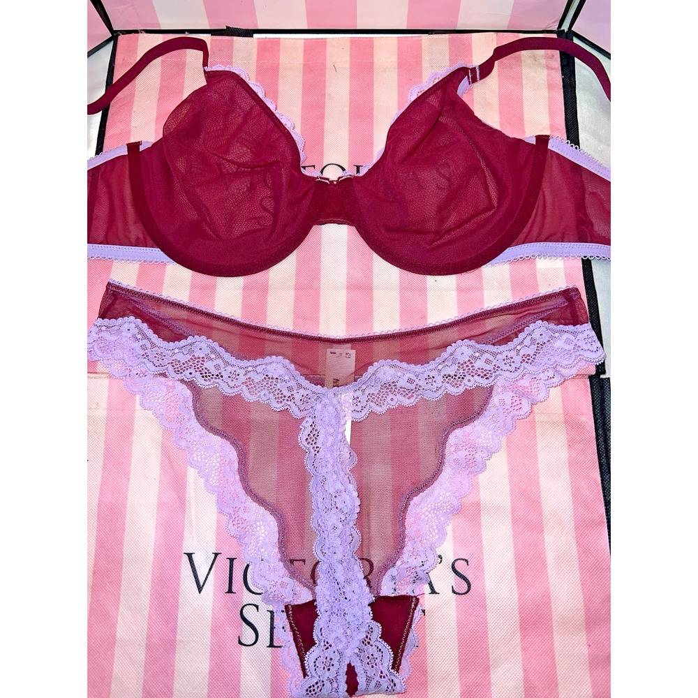 Victoria's Secret Bra Unlined Tease 36DDD Large Lace Thong Purple & Burgundy - Picture 3 of 3